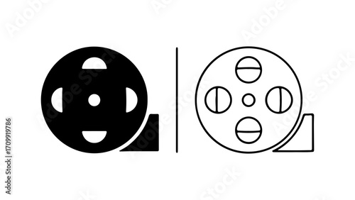 Film reel icon set representing cinema and movie production in black and white.
