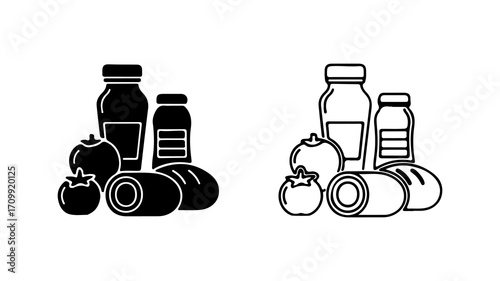 Food and drink icons set with bread vegetables and bottles.