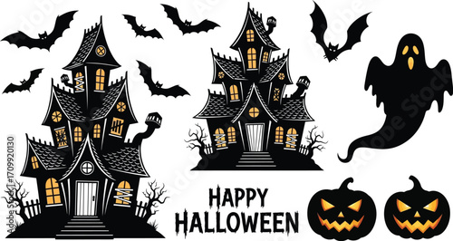 Haunted house with bats, pumpkins, and ghost for halloween celebration and spooky decoration
