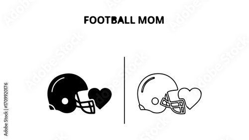 Football Mom Heart Helmet Silhouette Black and White Design.