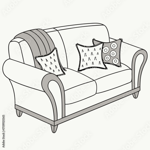 Comfortable red armchair and bed with pillows