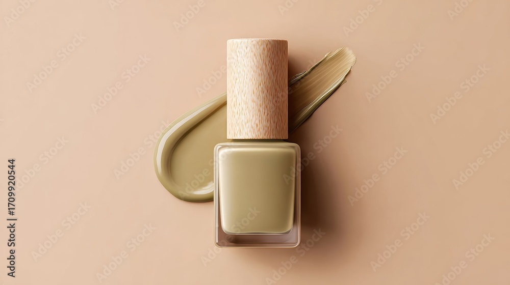 Obraz premium Nail polish bottle in matte olive green with a wooden cap, placed on a matching beige background.