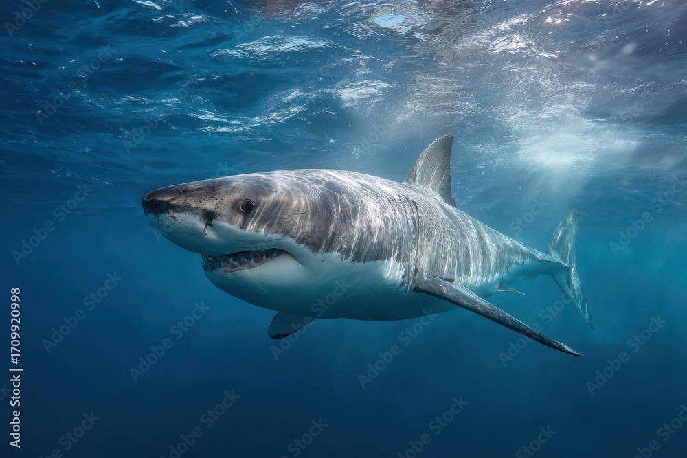 Fototapeta premium Lifelike depiction of a powerful shark swimming gracefully through clear blue waters, showcasing its strength and majestic presence in the ocean environment
