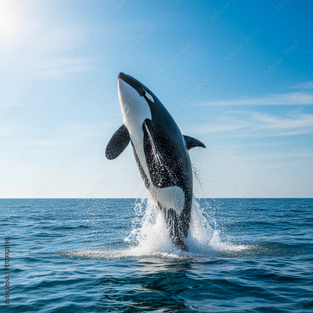 Obraz premium Majestic Orca Jumping Out of Blue Ocean Under Sunny Sky