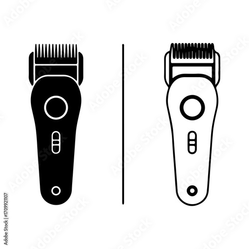Hair Clipper Icon Set Black Silhouette and Outline Versions for Grooming and Barber Tools.
