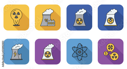 Illustrative icons depicting nuclear power energy and radiation symbols
