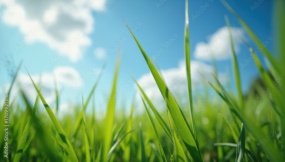 Obraz premium Fresh green grass meadow closeup. Low angle perspective shows bright green blades reaching towards blue sky with white clouds. Represents nature, renewal, freedom. Pure environment, countryside