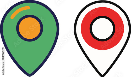 Two Flat Design Location Pin Icons in Green and Red
