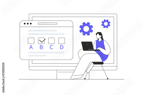 Woman Character choosing answer in questionnaire form with checklist. Concept of online exam on internet. Questionnaire, web learning, electronic voting. Flat Cartoon Vector Illustration, icon Stylish