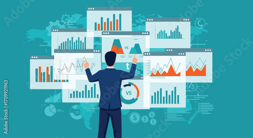 Business man analyzing financial charts and graphs on multiple screens data visualization concept