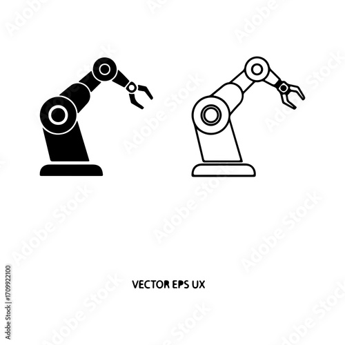 Industrial robotic arm vector icons in silhouette and outline style.