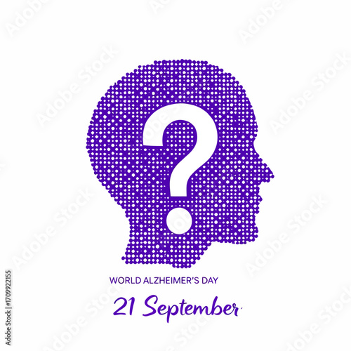 Minimalist purple brain silhouette filled with dots and question mark, featuring text World Alzheimer’s Day 21 September