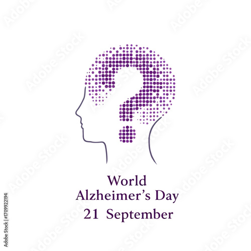 Minimalist purple brain silhouette filled with dots and question mark, featuring text World Alzheimer’s Day 21 September