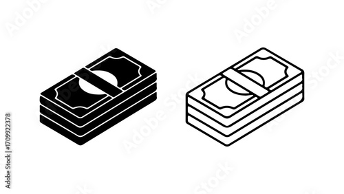 Isometric money stack icons in solid and outline styles.