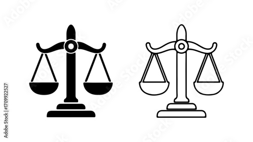 Justice Scales Icon Set Black Silhouette and Outline of Balance Symbol.
