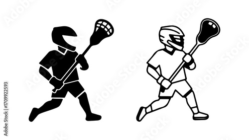 Lacrosse player in action with stick and helmet.