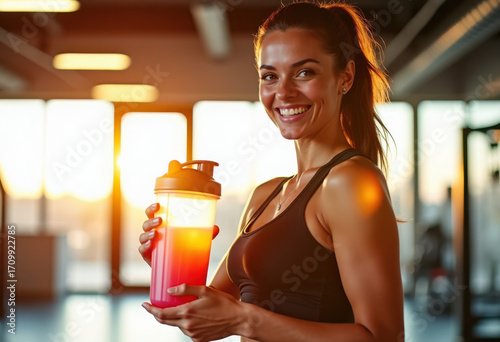 Sportswoman smiling and holding pink sports drink in gym at sunset