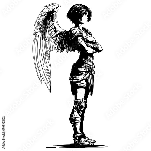 Female angel silhouette, dynamic turn with layered feathers and wind-tossed drapery - black and white illustration, celestial sign of courage, grace, faith, resilience and quiet powe