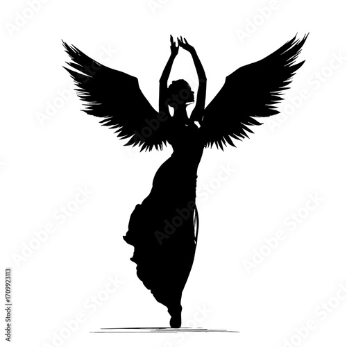 Female angel silhouette, poised and calm with symmetrical wings and flowing dress - black and white illustration, heavenly icon of purity, serenity, compassion, guidance and protection