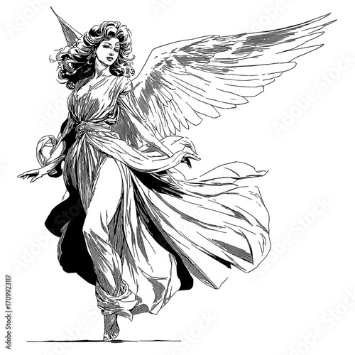 Female angel silhouette, blessing gesture with wide wings and long drapery - black and white illustration, sacred spiritual emblem of protection, serenity, compassion and grace