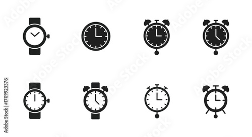 Collection of various black and white clock and watch icons displayed