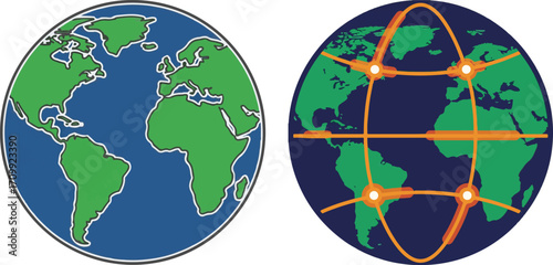 Illustrated World Map and Global Connectivity Network on Earth