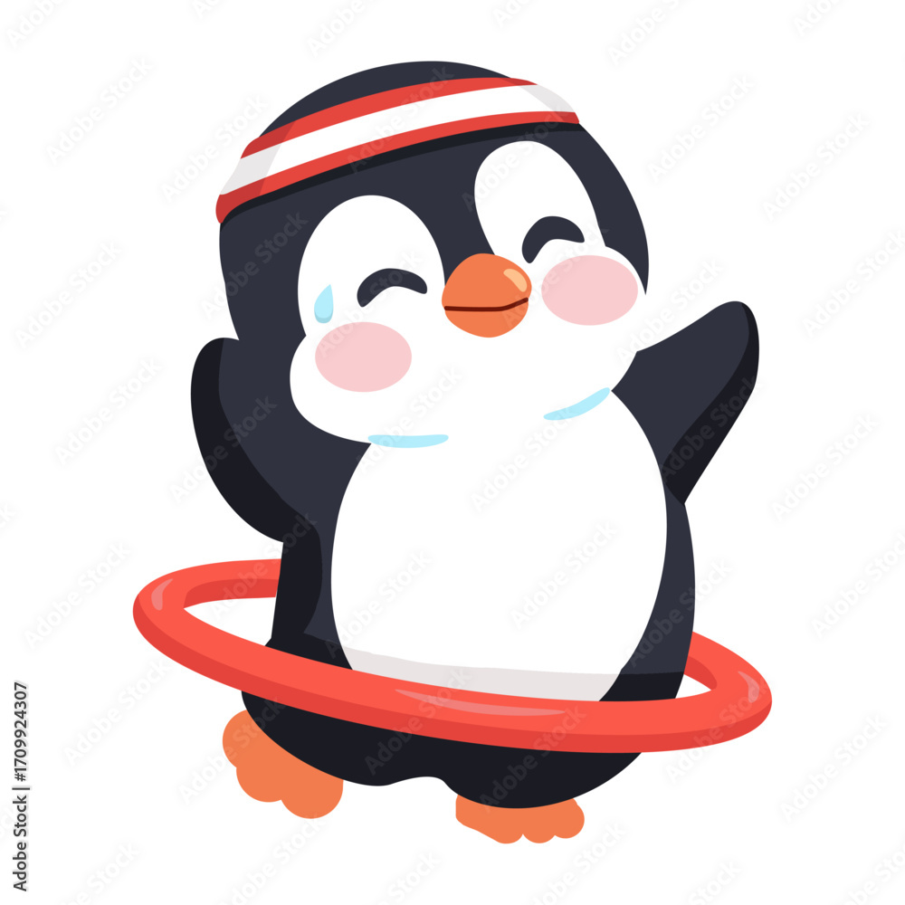 Fototapeta premium Cartoon Penguin Exercising with Hula Hoop