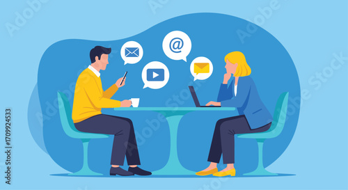 Business meeting discussion on online communication and digital services with chat bubbles