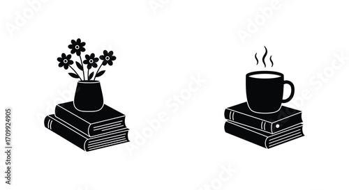 Simple black and white illustration of flowers books and a warm drink