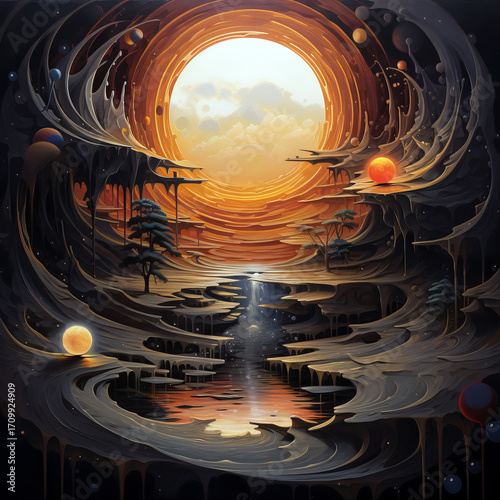 Surreal cosmic artwork of a glowing sun-like sphere surrounded by swirling landscapes, flowing water, and planets floating in a dreamlike scene.