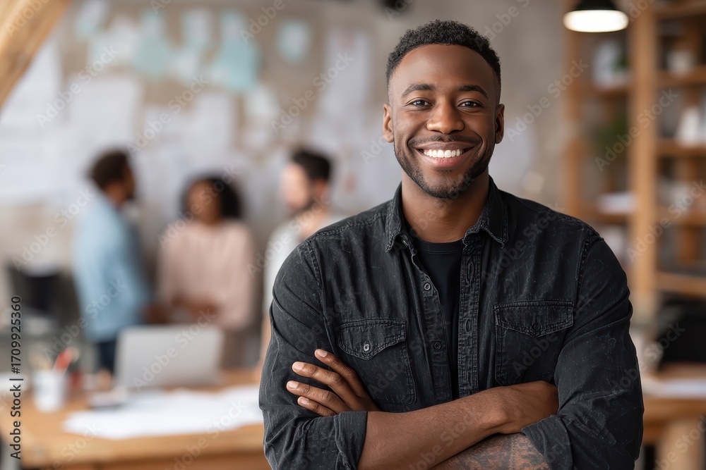 Obraz premium Portrait of a smiling African American small business owner in a modern workspace engaged with team collaboration in an urban setting