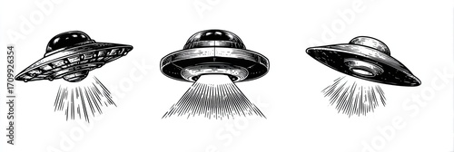 Three vintage-style UFOs