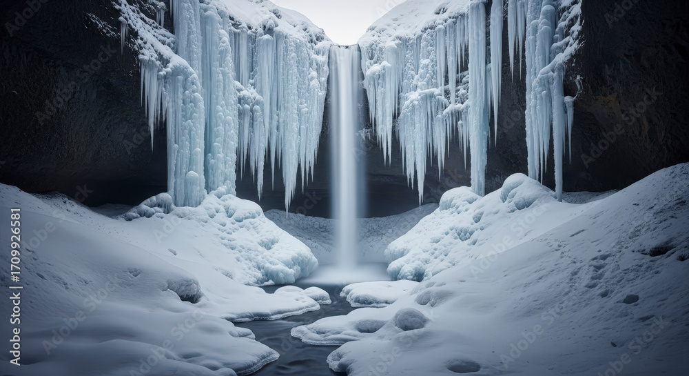 Naklejka premium Seljalandsfoss Waterfall with Icicles Hanging from Cliff during Winter in Iceland Under Dramatic Lighting Conditions and Dark Grey Background