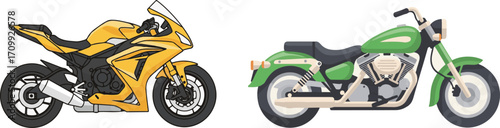 Two Motorcycles Illustration: Yellow Sportbike and Green Classic Cruiser