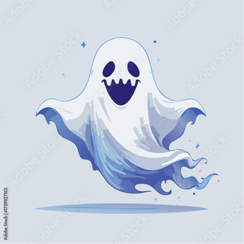Adorable smiling ghost character floating in the air, a whimsical and friendly Halloween phantom illustration