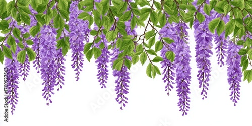 Vibrant purple wisteria cascade, detailed illustration,  hanging bunches against white background