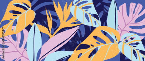 Abstract tropical plant background vector. Colorful boho foliage botanical tropical leaves and floral pattern. Illustration for summer sale banner , wall art, prints and fabrics.