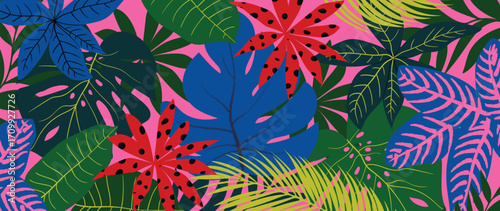 Abstract tropical plant background vector. Colorful boho foliage botanical tropical leaves and floral pattern. Illustration for summer sale banner , wall art, prints and fabrics.