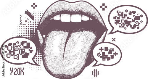 monochrome vector mouth in mezzotint photocopy effect, for grunge punk y2k collage design