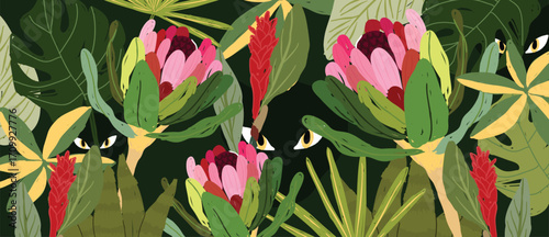 Abstract tropical plant background vector. Colorful boho foliage botanical tropical leaves, floral pattern and panther. Illustration for summer sale banner , wall art, prints and fabrics.
