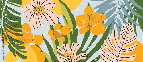 Abstract tropical plant background vector. Colorful boho foliage botanical tropical leaves and floral pattern. Illustration for summer sale banner , wall art, prints and fabrics.