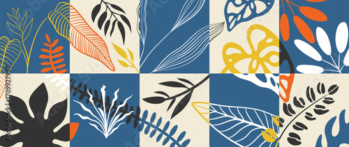 Abstract tropical plant background vector. Colorful boho foliage botanical tropical leaves and floral pattern. Illustration for summer sale banner , wall art, prints and fabrics.