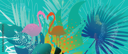 Abstract tropical plant background vector. Colorful boho foliage botanical tropical leaves, floral pattern and flamingo. Illustration for summer sale banner , wall art, prints and fabrics.