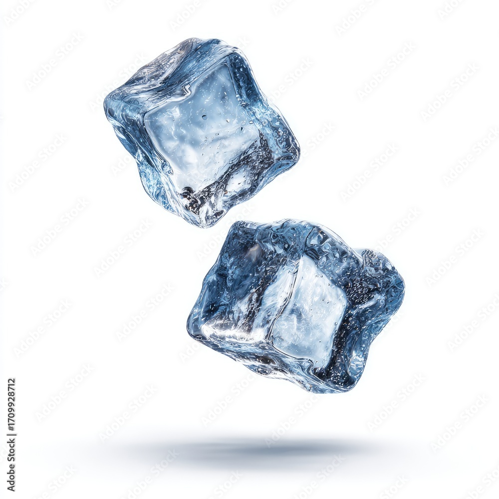 Obraz premium Two ice cubes, light blue, appear to float against a pure white background. They are square, and have a slightly textured, crystalline appearance. Shadows suggest a slight angle