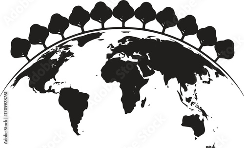 World map with trees in an arc above the continents
