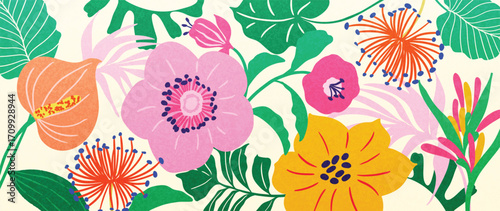 Abstract tropical plant background vector. Colorful boho foliage botanical tropical leaves and floral pattern. Illustration for summer sale banner , wall art, prints and fabrics.