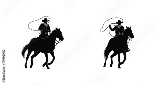 Silhouettes of cowboys on horseback skillfully wielding their lariats
