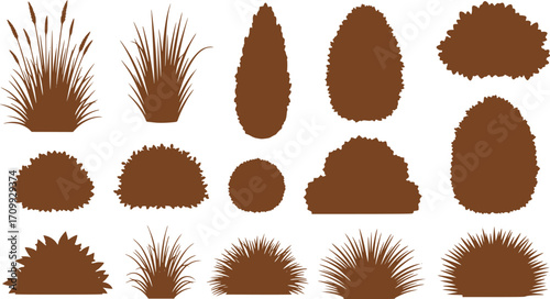set of bush grass shrub silhouette vector transparent background