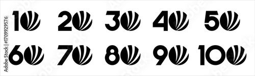 Set of collection numbers 10 to 100 with global finance element vector illustration. Global finance element with numbers 10, 20, 30, 40, 50, 60, 70, 80, 90, 100 for greetings, anniversary and more.	