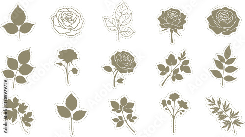 A collection of vector stamp effect floral elements including leaves, roses and various plants